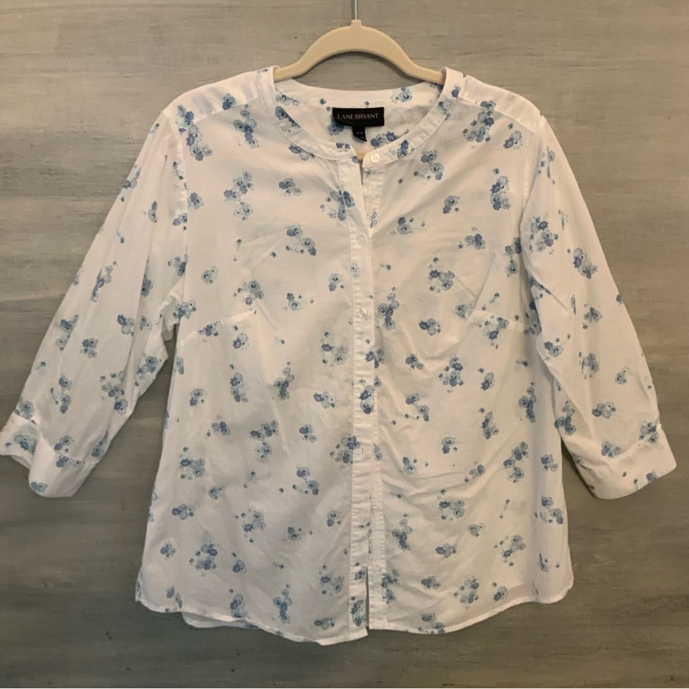 Lane Bryant White 100% Cotton Blue Flower Button Down Blouse 14/16 GC